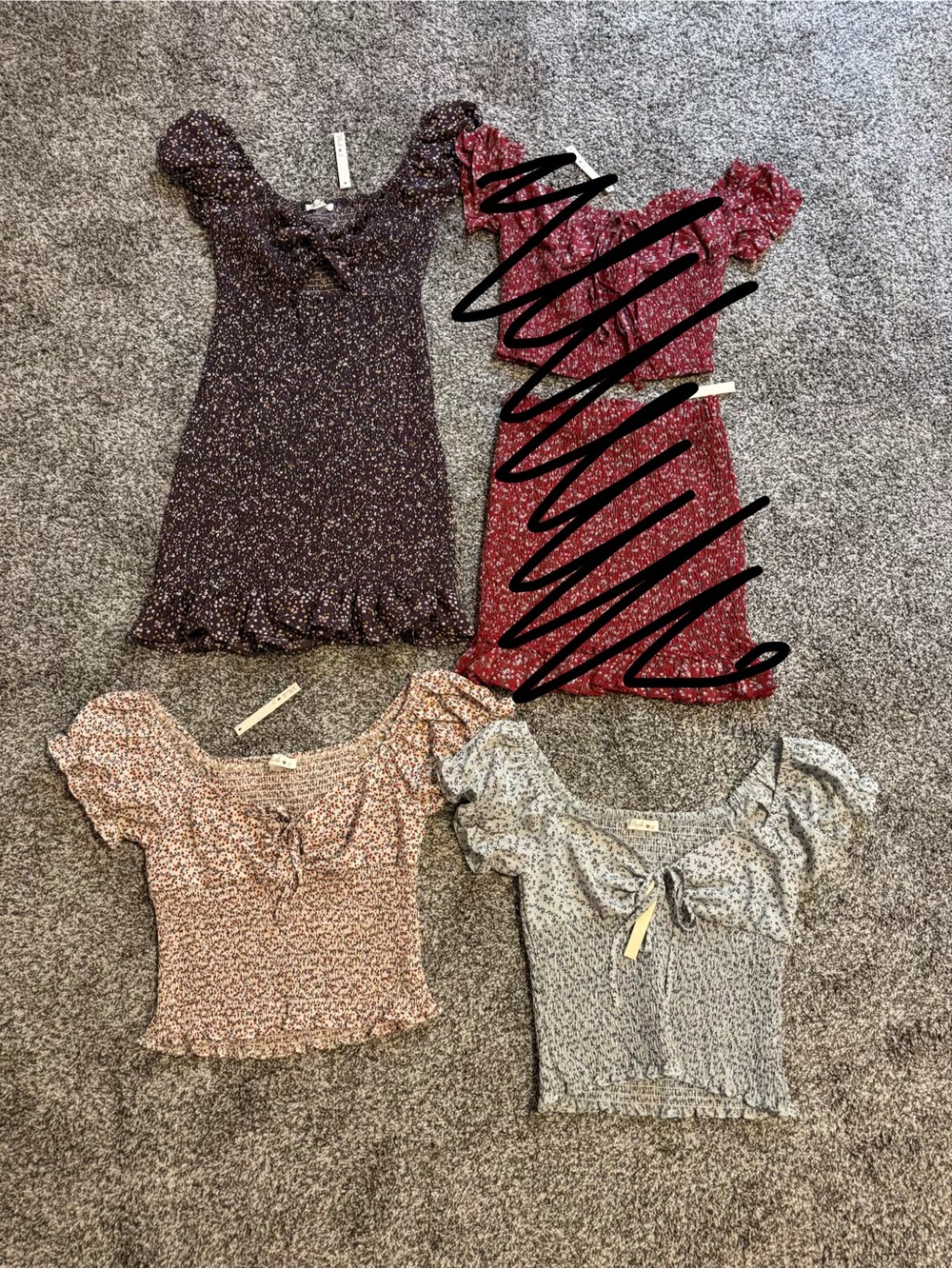 Set of 3 - Purple Floral Dress and Pink and Blue Floral Tops